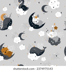 Dreamy baby animals seamless pattern, Celestial whale and magic swan. Sleeping rabbit and bear on clouds textile design.