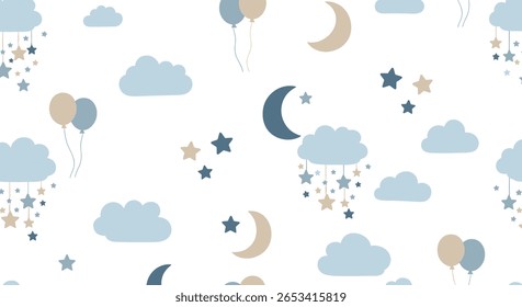 Dreamy baby nursery decor featuring clouds stars balloons and moons in pastel tones