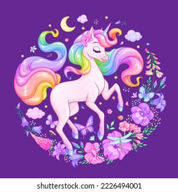 Dreamy beautiful unicorn with rainbow mane surrounded with flowers and butterflies. Vector illustration isolated on dark purple background for card, shirt, t-print or sticker design.