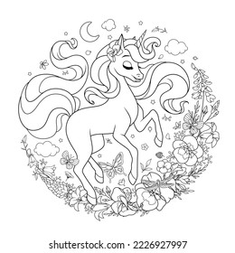 Dreamy beautiful unicorn surrounded with flowers and butterflies. Cartoon vector black and white isolated illustration for coloring book page.