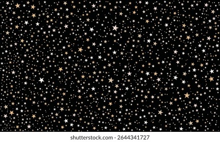 A dreamy black night sky adorned with glowing white and gold stars, forming a seamless celestial pattern—perfect for magical, atmospheric designs or enchanting cosmic-inspired visuals.