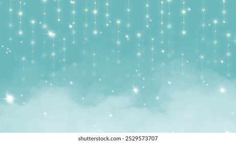 Dreamy blue cloudscape with glowing golden stars hanging in the sky. Ideal for celestial-themed designs, ethereal backgrounds, and peaceful, fantasy artwork.