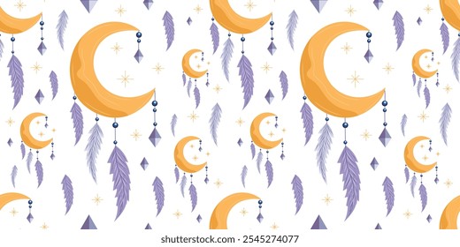 Dreamy boho-style moon pattern with hanging crystals, feather and sparkling stars on white background. Cute mystical vector moon with graceful charm elements. For textiles, wrapping paper, decor.