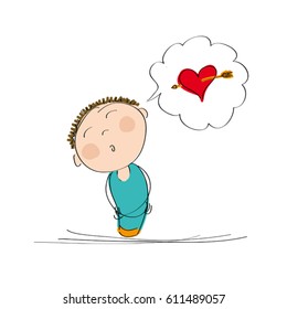 Dreamy boy thinking of love - original hand drawn illustration