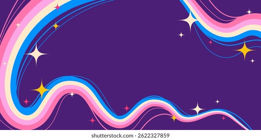 Dreamy Cartoon Squiggle Wavy Lines and Sparkling Stars on Purple Background. Retro cosmic swirls with vibrant movement. Perfect for futuristic prints, party and space themes