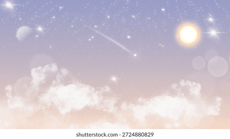 Ilustración celestial de ensueño con un sol brillante suspendido en un suave cielo espacial pastel, rodeado de suaves nubes, luz de las estrellas y estrellas fugaces.