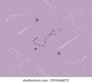 A dreamy celestial illustration featuring the Scorpio constellation against a soft lavender sky, adorned with stars, shooting stars, and cosmic elements. Perfect for astrology, zodiac, and night sky t