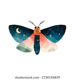 Ilustração de mariposa celestial com um céu noturno estrelado, lua crescente e texturas de aquarela macia. Perfeito para projetos espirituais ou boêmios.