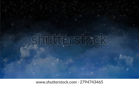 A dreamy celestial night sky background featuring soft blue clouds drifting beneath a vast field of sparkling stars. Gentle gradients blend deep navy, midnight blue, and luminous azure tones, creating a peaceful and magical atmosphere. Scattered starlight twinkles across the sky while fluffy cloud formations add depth, softness, and a sense of wonder. The composition offers generous copy space, making it ideal for inspirational quotes, greeting cards, fantasy book covers, website banners, presentations, posters, invitations, and creative design projects. 