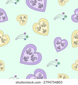 Dreamy celestial seamless pattern with vector fantasy hearts and magic stardust trails on a pastel mint green background. Whimsical fairytale illustration for kids apparel, nursery textiles and wrapping paper.