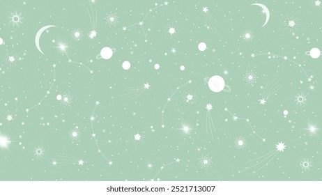 A dreamy celestial vector pattern featuring planets, stars, and constellations on a soft mint green background. Perfect for fabric, stationery, or wallpaper with a serene space theme.