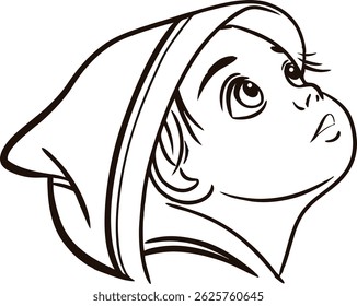 Dreamy Child Gaze Black And White Line Art Illustration For Coloring Books