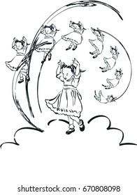 Dreamy Child, little girl on a cloud with a 7 same girls, her copies. Black and white vector sketch.