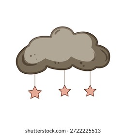 Nube de ensueño que presenta tres estrellas rosadas colgando de cuerdas, creando una atmósfera suave e imaginativa, ideal para la decoración de la guardería, temas de la habitación de los niños y conceptos dulces para la hora de acostarse