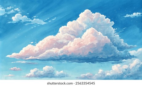 Dreamy clouds float in a bright blue sky, enhancing the beauty of the serene landscape.