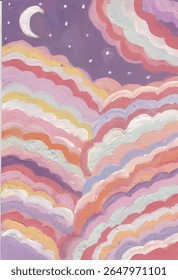 Dreamy Clouds and Moon hand drawn watercolor
