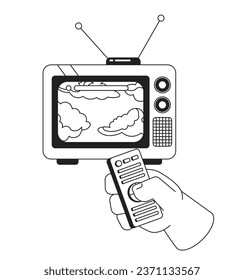 Dreamy clouds on old television black and white 2D illustration concept. Changing program with clicker isolated cartoon outline character hand. Cumulus forecast weather metaphor monochrome vector art