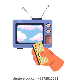 Dreamy clouds on old television 2D illustration concept. Changing program with clicker isolated cartoon character hand, white background. Cumulus forecast weather metaphor abstract flat vector graphic