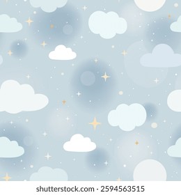 Dreamy Clouds and Stars Pattern. Nursery baby pastel blue color background. For fabric, wrapping paper, kids apparel, wallpaper baby playroom or nursery.