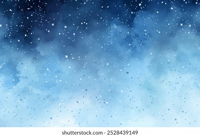 Dreamy, cold, and celestial watercolor painting of a starry night sky. Feelings of peace and tranquility as light reflects off the snow-covered ground vector illustration