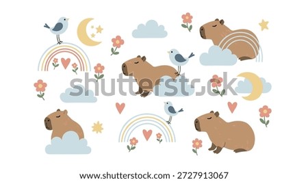 Dreamy collection of capybaras, small blue birds, rainbows, clouds, moons, and stars in soft pastel colors on white.