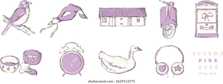 A Dreamy Collection of Pink Hues: Sparrow, half mask, Cottage Home, Scooter, Mailbox, candles, Alarm Clock, Swan, and Headphones - clipart vintage style illustration | Vector