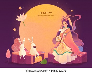 Dreamy color tone mid autumn festival, Chang'e and jade rabbit enjoy the full moon watching and sit on mooncake