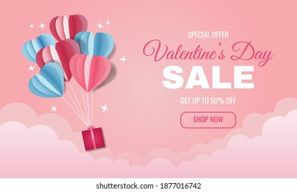 Dreamy concept valentine's day promotional sale for website banner. Pink background vector decorated with heart shape hot air balloon. Paper cut out style.