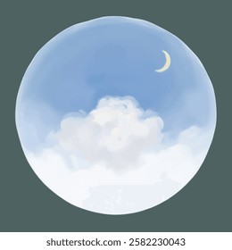 A dreamy crescent moon peeking behind a soft cloud.