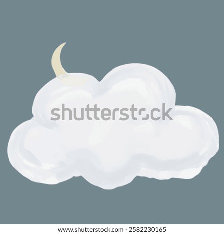 A dreamy crescent moon peeking behind a soft cloud.