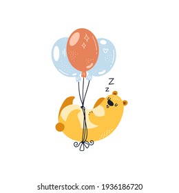 Dreamy cute bear flying on a balloon, happy cartoon illustration isolated on white. Vector