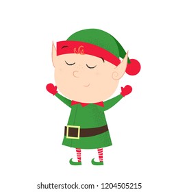 Dreamy cute elf raising hands. Helper, awe, hope. Cartoon concept. Can be used for greeting cards, posters, leaflets and brochure