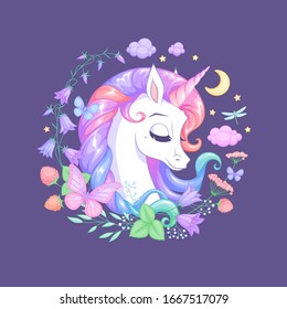Dreamy cute sleeping unicorn surrounded with flowers and butterflies. Vector illustration isolated on dark background for card, shirt, print or sticker design.
