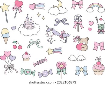 Juego de ilustraciones de iconos vectoriales adorables como unicornios, castillos, estrellas y corazones