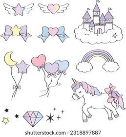 A dreamy and cute vector illustration set of unicorns, hearts, stars and castle materials