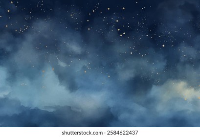 Uma exibição de sonho de um céu noturno com nuvens suavemente girando e estrelas cintilantes cria uma atmosfera serena durante as horas do crepúsculo, ilustração artística em aquarela