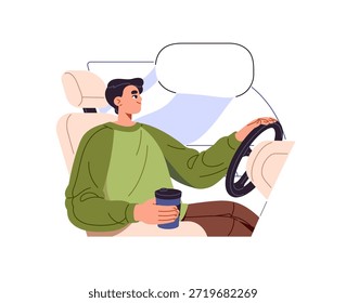 El conductor de ensueño está pensando en deseos, deseos durante la conducción. Hombre reflexivo feliz conduce el coche y sueña con la burbuja vacía del pensamiento. Reflexionando sobre los paseos del jinete. Ilustración vectorial aislada plana en blanco