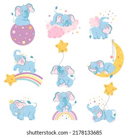 Dreamy elephants character. Cute animal sleep on moon, baby elephant dream on clouds and stars pastel vector Illustration set. Cartoon characters having fun, playing with balloon, sitting on rainbow