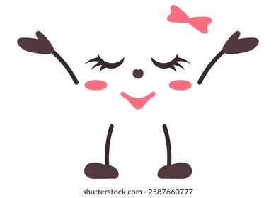 Dreamy facial expression. Female face with thoughtful emotions. Smile, blush, closed eyes, bow, eyelashes, arms spread apart. Color vector illustration. Isolated white background. Cartoon style. 