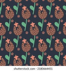 Dreamy fantasy flower dark background, childish seamless pattern for textile and wrapping paper