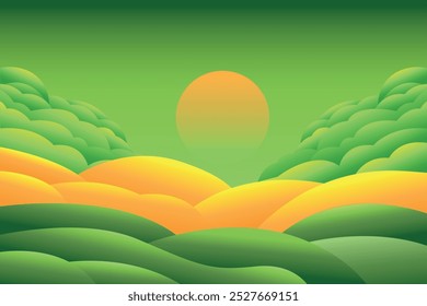 Dreamy fantasy landscape vector art enchanted nature scene with serene green clouds and a magical sunrise.