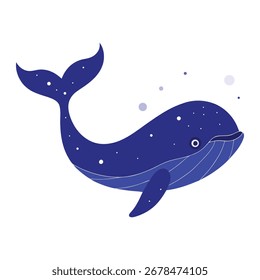 Dreamy fantasy vector of a celestial whale in cosmic blue hues, glowing constellation-like spots across its massive body, floating elegantly on a white background.