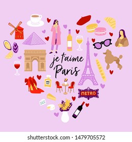 Dreamy feminine set of Parisian symbols: fashion shoes, macaroons, champagne, wine, bakery, cafe, carousel, Eiffel tower and perfumes. Heart shaped. Paris je t'aime lettering meand Paris I love you