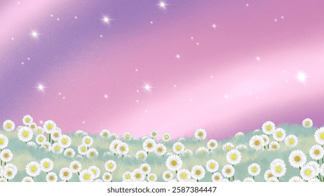 A dreamy field of daisies under a magical twilight sky with sparkling stars. A soft, pastel aesthetic perfect for nature, fantasy, and whimsical backgrounds.