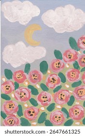 A Dreamy Field of Pink Roses Under a Crescent Moon