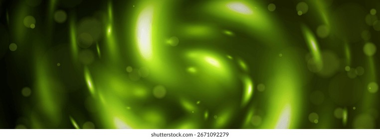 Dreamy firefly effect with soft green bokeh and blurred light circles for magical nature background. Glowing orbs with gentle luminescence for fantasy scenes, fluorescent glimmer digital art.