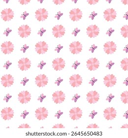 A dreamy floral design combining soft pink blossoms with playful purple butterflies 