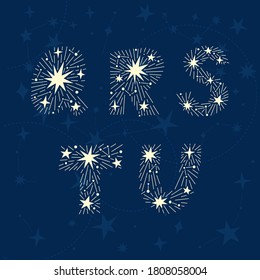 Dreamy font made of stars and constellations. Celestial alphabet letters Q, R, S, T, U on isolated vector background. Hand drawn elements for personalized products and gifts. Illustration of night sky
