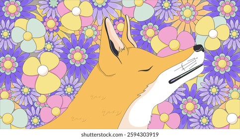 Dreamy fox in floral paradise lofi wallpaper. Peaceful animal with closed eyes surrounded by whimsical flowers 2D cartoon flat illustration. Vector art image lo fi aesthetic color background