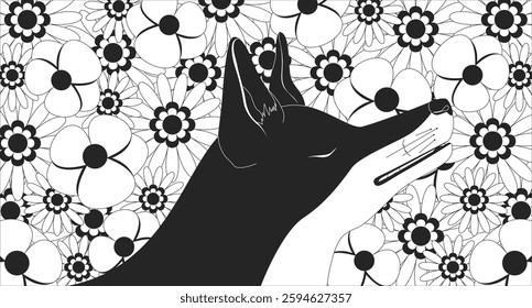 Dreamy fox in floral paradise lofi illustration outline. Peaceful animal with closed eyes surrounded by whimsical flowers 2D ink linear flat lo fi drawing. Vector line art aesthetic wallpaper